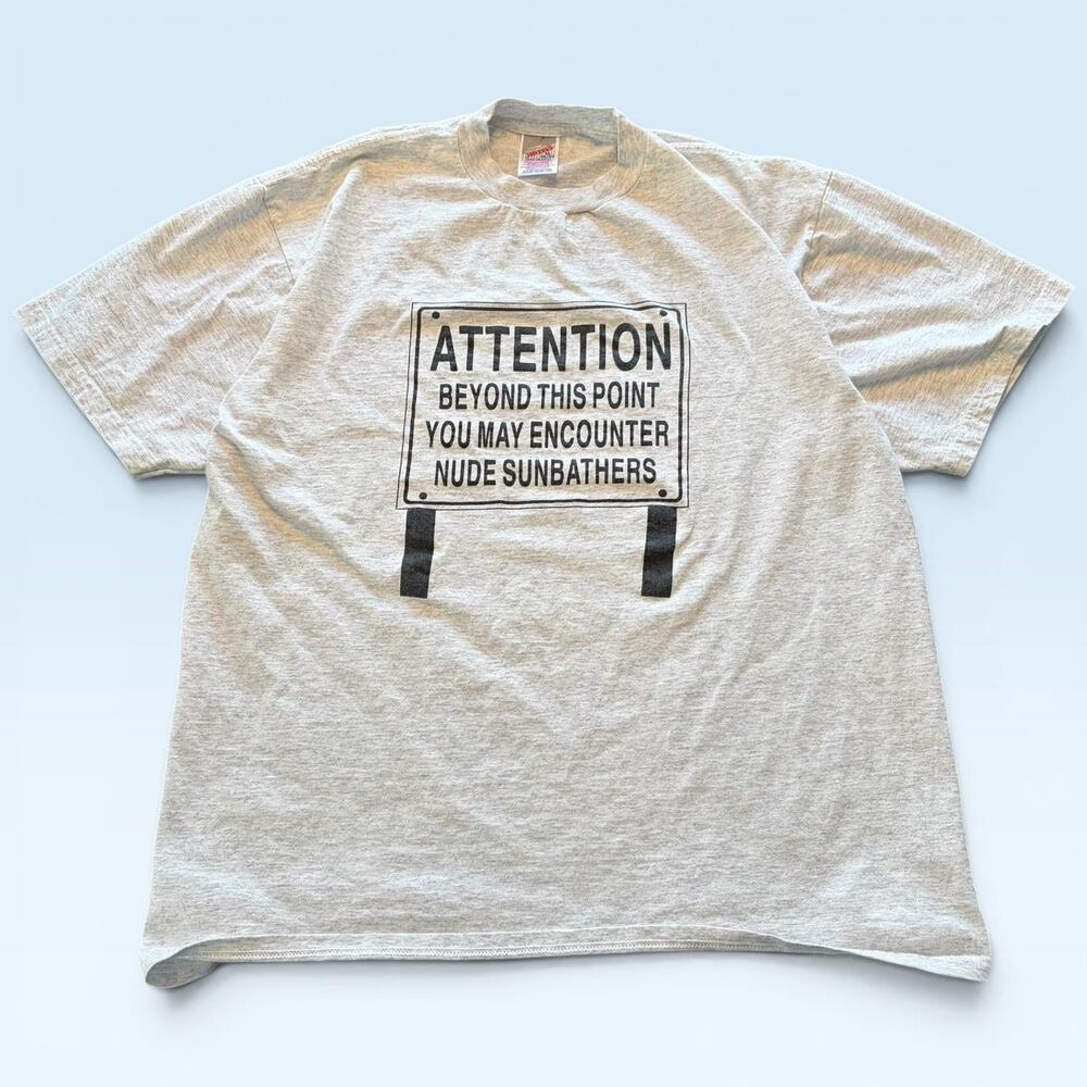 Jerzees Shirt Mens XL Gray Attention Nude Sunbathers Funny Beach Tee T-Shirt